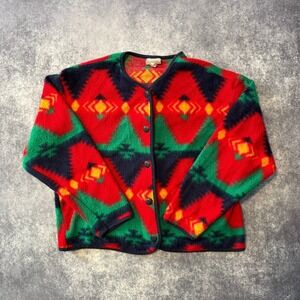 Vintage David Wayne Fleece Jacket Southwestern Aztec Geometric Red Green  L